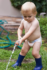 Image showing Baby, playing with hose and water, backyard and development with growth, curiosity and home. Toddler, child and infant in garden, alone and childhood for wellness, milestone and coordination