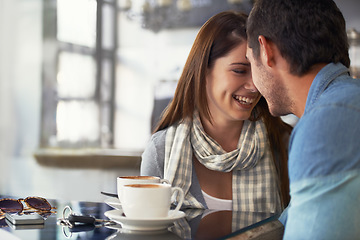 Image showing Love, coffee shop and relax couple smile for romantic date, care and happy together in diner, cafe or restaurant. Relationship, hospitality service and cafeteria man, woman or people bond over drinks