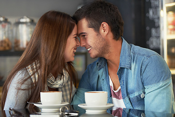 Image showing Love, forehead touch and happy couple in cafe, care and bonding together on valentines day date. Romance, man and woman in restaurant with coffee for connection, commitment and relationship in shop