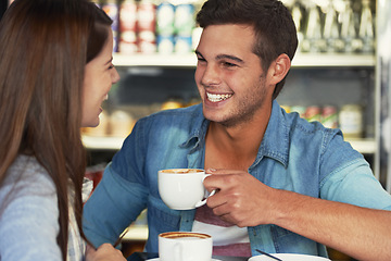 Image showing Love, happy and couple drinking coffee in cafe, care and bonding together on valentines day date. Funny man, woman in restaurant and latte for conversation, laughing at joke and relationship in shop