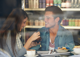 Image showing Food, smile and couple eating in cafe, care and bonding together on valentines day date. Happy, man and woman in restaurant with coffee drink for breakfast, love or relationship conversation in shop