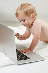 Image showing Laptop, games and baby on a floor with cartoon, streaming or subscription service in a house. Learning, child development and curious boy kid with computer for educational gaming, app and fun