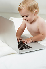 Image showing Baby, playing and learning in home on laptop with online games for education and elearning. Happy, child and relax with cartoon, movies or development of knowledge of technology for growth and fun