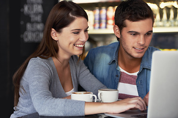 Image showing Laptop, coffee shop and couple for business owner planning customer experience, service insight or research. Restaurant, collaboration and team typing cafe feedback, hospitality review or online menu