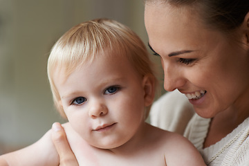 Image showing Mother, portrait and baby in house, nursery and family home with happiness in trust, love and support. Toddler, motherhood and infant with face, boy and bonding together for kids childhood memories