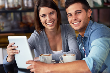 Image showing Portrait, coffee shop and couple of business owner with tablet for management of diner, services or research. Entrepreneur, teamwork and people check cafe feedback, hospitality review or online menu