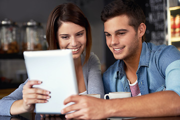 Image showing Tablet, cafe and happy couple of people reading online article on restaurant service, diner menu and check customer experience. Remote work, cafeteria and freelance team cooperation on project study