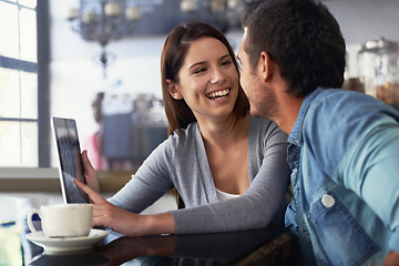 Image showing Tablet, restaurant and couple of people smile for cafe feedback, diner review and monitor web traffic to online menu. Remote work, freelance and team check social network for cafeteria reputation