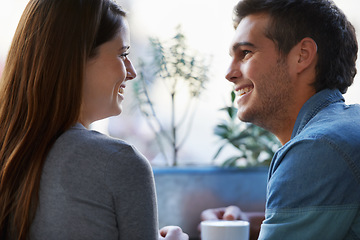 Image showing Cafe, relax and face of couple smile for romantic date, morning coffee break or enjoy conversation in restaurant. Relationship partner, eye contact or profile of woman talking with boyfriend in diner