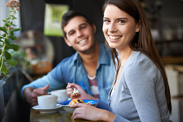 Image showing Smile, portrait and couple eating in cafe, love and bonding together on valentines day date in the morning. Happy face, man and woman in restaurant with breakfast coffee drink, food and relationship
