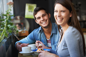 Image showing Food, portrait and happy couple eating in cafe, laugh and bonding together on valentines day date in the morning. Face smile, man and woman in restaurant with breakfast coffee, love and relationship