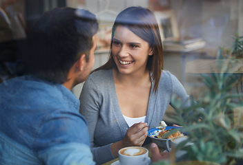 Image showing Smile, love and couple eating in cafe, drinking coffee and bonding together on valentines day date in the morning. Happy, man and woman in restaurant with breakfast espresso, food and conversation