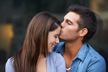 Image showing Love, kiss forehead and a happy couple outdoor for care, commitment and people in connection. Romance, man and woman together for bonding, smile in relationship and affection on valentines day date