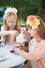 Image showing Girl, friends and tea party in garden or dessert snack happy for dress up game, fantasy or playing. Female people, siblings and pot for hot drink in backyard for summer event fun, lunch or birthday