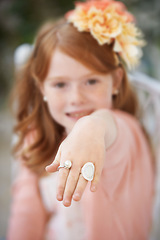 Image showing Girl, child and portrait or hand jewelry or fantasy game play for dress up fancy, birthday party or event. Female person, face and fingers for stylish ring or kid confidence in costume, outfit or fun