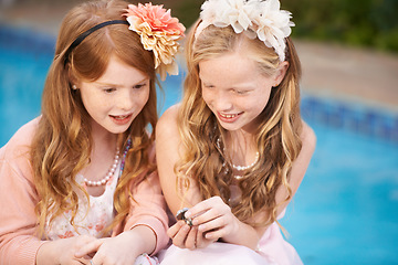 Image showing Children, friends and fancy dress up clothes or costume birthday party, fantasy or play. Girls, jewelry and accessories at home or outdoor for young friendship bonding in garden, chatting or siblings