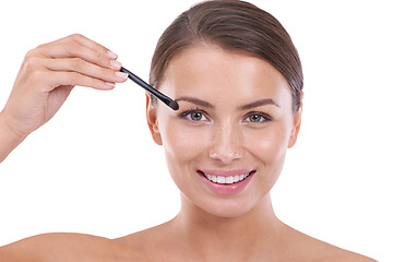 Image showing Woman, eyeshadow brush and portrait with beauty, makeup and wellness with face, application and female person. Skin, foundation and glow on white studio background, model and cosmetic dermatology