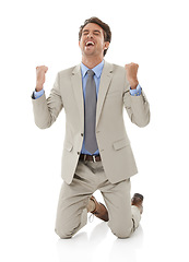 Image showing Happy businessman, fist pump and celebration for winning or success against a white studio background. Excited man or employee in relief or satisfaction for bonus, promotion or achievement on mockup