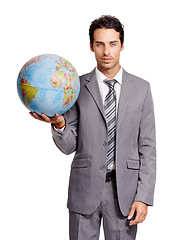 Image showing Portrait, business man and planet, earth or world for corporate travel isolated on a white studio background. Vacation, professional suit and globe map for geography, international journey or serious