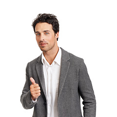 Image showing Business, portrait and man with thumbs up in studio for feedback, review or excellence on white background. Face, smile and male entrepreneur with yes hand emoji for vote, support or success gesture