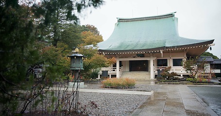 Image showing Buddhist temple, japan and worship by culture for religion, praise and prayer building in town. Japanese architecture, spiritual hope and travel in peace in zen, meditation and wellness in tokyo city