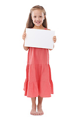 Image showing Poster, mockup and portrait of kid with presentation, broadcast space and advertising news in studio on white background. Happy girl, child and sign board for feedback, offer and information about us
