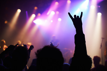 Image showing Silhouette, concert and audience with rock or sign for music, party and rave festival with spotlight and dancing. Disco, dj event and performance with entertainment, crowd and rear view gesture