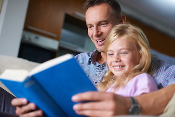 Image showing Father, child and reading a book for education at home, story and fantasy fiction for homeschooling. Daddy, daughter and care for bonding, literacy and storytelling for language development or growth