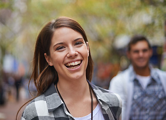 Image showing Smile, walking and portrait of woman on city journey, morning trip and tour of urban Paris for outdoor adventure. Wellness, happiness or face of bonding people, partner or girlfriend on relax commute