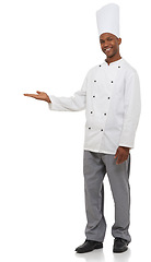 Image showing Portrait, smile and black man chef with hand pointing to studio for checklist, menu or promo on white background. Bakery, presentation or face of male baker showing food tips, guide or sign up info