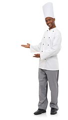 Image showing Cooking, portrait and black man chef with hand pointing to studio for checklist, menu or promo on white background. Bakery, presentation or face of male baker showing food tips, guide or sign up info