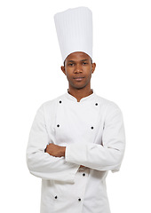Image showing Portrait, african chef and confident in studio in hospitality career, cooking job and small business entrepreneur. Black man, arms crossed and food industry and uniform with hat by white background