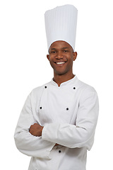 Image showing Portrait, african chef and smile in studio in hospitality career, young cook and small business entrepreneur. Black man, happy and arms crossed in confidence and uniform with hat by white background