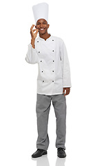 Image showing Man, chef and okay sign with hands, professional and happy guy on white studio background. African person, culinary expert and mockup space with career, food industry and employee with uniform