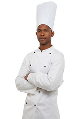 Image showing Portrait, black chef and arms crossed in studio in hospitality career, cooking job and small business entrepreneur. African man, confident and food industry and uniform with hat by white background