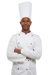 Image showing Portrait, black chef and confident in studio in hospitality career, cooking job and small business entrepreneur. African man, arms crossed and food industry and uniform with hat by white background