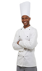 Image showing Man, chef and portrait with arms crossed, professional and confident guy on white studio background. African person, culinary expert and mockup space with career, food industry and employee uniform