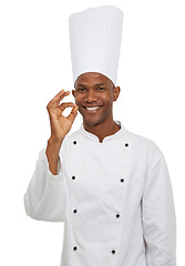 Image showing Man, chef and perfect sign with portrait, professional and confident guy on white studio background. African person, culinary expert and mockup space with career, food industry and employee uniform