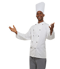 Image showing Black man, chef and happy with hands, professional and confident guy on white studio background. African person, culinary expert and mockup space with career, food industry and employee with uniform