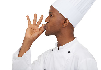 Image showing Magnifique. Man, chef and worker with perfect sign, close up or confident guy on white studio background. African person, culinary expert and young with career, food industry and employee uniform.