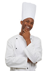 Image showing Portrait, happy man and chef thinking in studio isolated on a white background. Face, cooking professional and smile of young African person, baker and restaurant worker with catering job in Nigeria
