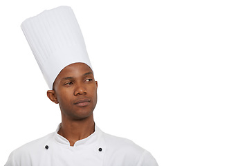 Image showing Man, chef and thinking of food, professional and serious guy on white studio background. African person, culinary expert and mockup space with vision, hospitality industry and employee menu idea
