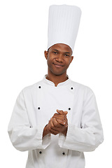 Image showing Portrait, black man and confident chef in studio isolated on a white background. Face, cooking professional and young African person, baker and restaurant worker in hat with catering job in Nigeria