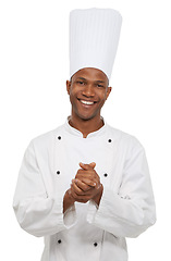 Image showing Portrait, black man and happy chef in studio isolated on white background. Face, cooking professional and smile of young African person, baker or restaurant worker in hat with catering job in Nigeria