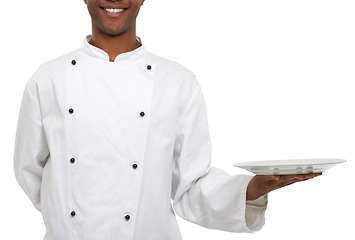 Image showing Hands, chef and show empty plate in studio isolated on a white background mockup space. Waiter, cooking and presentation closeup of dish in catering service, professional advertising menu and smile