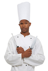 Image showing Black man, chef and portrait with knife sharpener in studio isolated on a white background. Face, cooking professional or blade, metal steel tool or utensil for serious catering service in restaurant