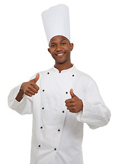 Image showing Black man, chef and portrait with thumbs up, happy and confident guy on white studio background. African person, culinary expert and mockup space with career, food industry and employee uniform