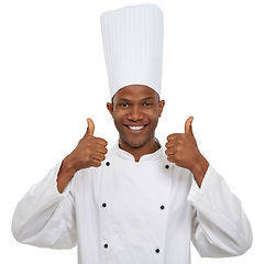 Image showing Black man, chef and portrait with thumbs up, happy and confident guy on white studio background. African person, culinary expert and mockup space with career, food industry and employee uniform