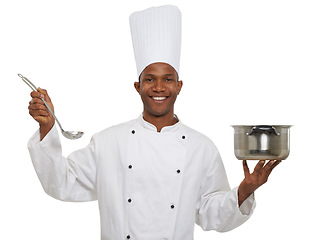 Image showing Portrait, african chef and pot with ladle in studio in hospitality career, taste and happy of dish in restaurant. Black man, smile and creative recipe in pride and uniform on a white background