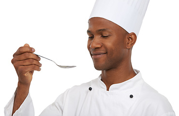 Image showing Portrait, african chef and spoon to taste in studio, cooking and hospitality career and happy of dish in restaurant. Black man, smile and pride in creative recipe and catering job by white background